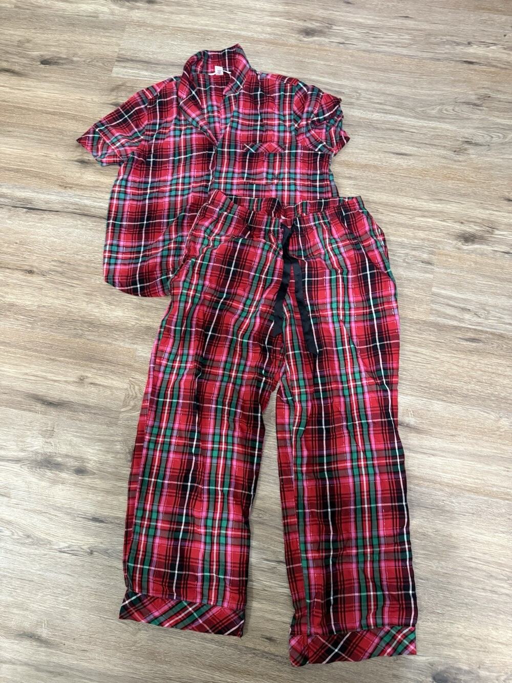 Victoria's Secret Pajama Set Large Red Plaid Lurex Shimmer Short Sleeve Pants L